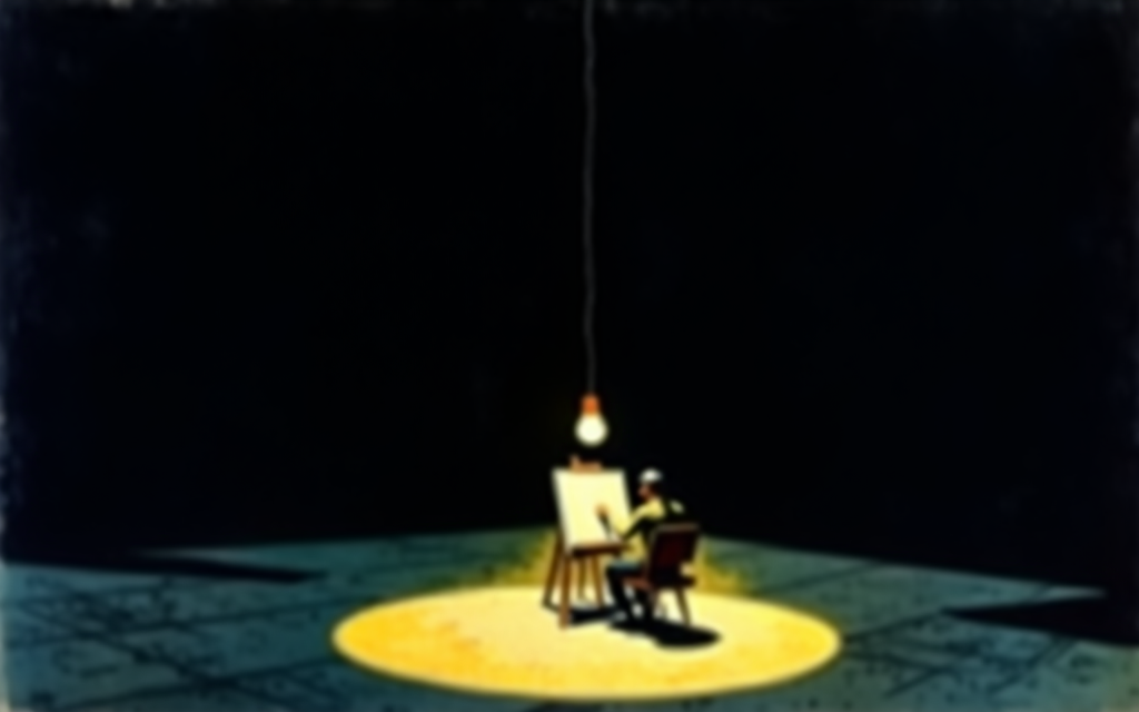 Ilustracja: samotny artysta w ciszy pracowni